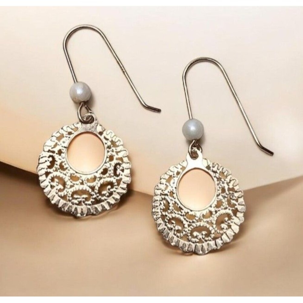 14K Yellow Gold Filigree Pearl Dangle Earrings Solid Gold